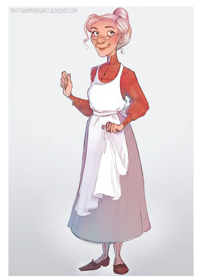 a drawing of a woman wearing an apron and holding her hand out to the side