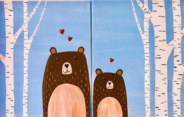 two brown bears standing next to each other in front of some white trees and hearts