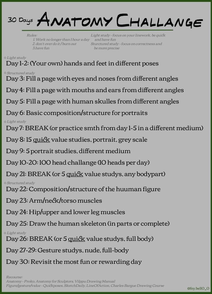 Headline "30 day anatomy challenge"
Day 1-2: (Your own) hands and feet in different poses

Day 3: Fill a page with eyes and noses from different angles
Day 4: Fill a page with mouths and ears from different angles
Day 5: Fill a page with human skulles from different angles
Day 6: Basic composition/structure for portraits

Day 7: BREAK (or practice smth from day 1-5 in a different medium)
Day 8: 15 quick value studies, portrait, grey scale
Day 9: 5 portrait studies, different medium
Day 10-20: 10 Weekly Drawing Challenge, Drawing Challenge To Improve, One Week Art Challenge, Drawing 30 Day Challenge, Fashion Drawing Challenge, November Art Challenge 30 Day, 30 Days Drawing Challenge Oc, Anatomy Drawing Challenge, One Year Drawing Challenge