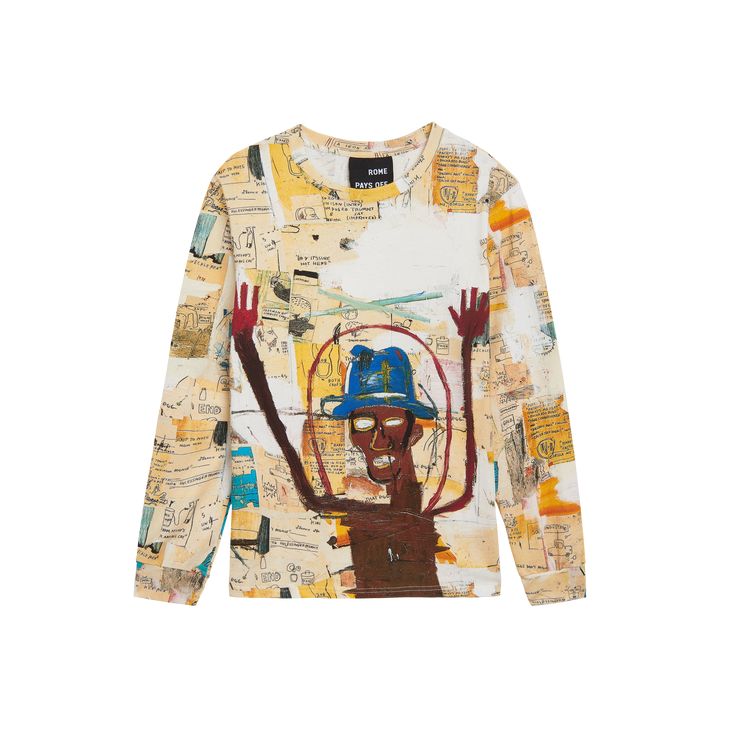 This is a premium medium weight long-sleeve shirt. The all-over print featured is Basquiat's artwork Toxic. 100% medium weight cotton jersey Slightly oversized fit, Unisex, Adult size XS-XL Ribbed neck and sleeve hem Relaxed crew neck Made in Portugal Machine wash cold, inside-out and tumble dry low to preserve color About the artwork: Jean-Michel Basquiat’s Toxic is a portrait of his friend, the New York artist and DJ Torrick Ablack (a.k.a. Toxic) who collaborated with him on music projects and Basquiat Clothing, Oversized Long Sleeve Graffiti Sweatshirt, Graphic Print Long Sleeve Tops For Streetwear, Cotton Sweatshirt With Graffiti Print In Relaxed Fit, Long Sleeve Shirt With Screen Print For Streetwear, Long Sleeve Graphic Print T-shirt For Streetwear, Long Sleeve Graffiti Print Top For Streetwear, Cotton Graffiti Print Long Sleeve Sweatshirt, Casual Long Sleeve T-shirt With All Over Print