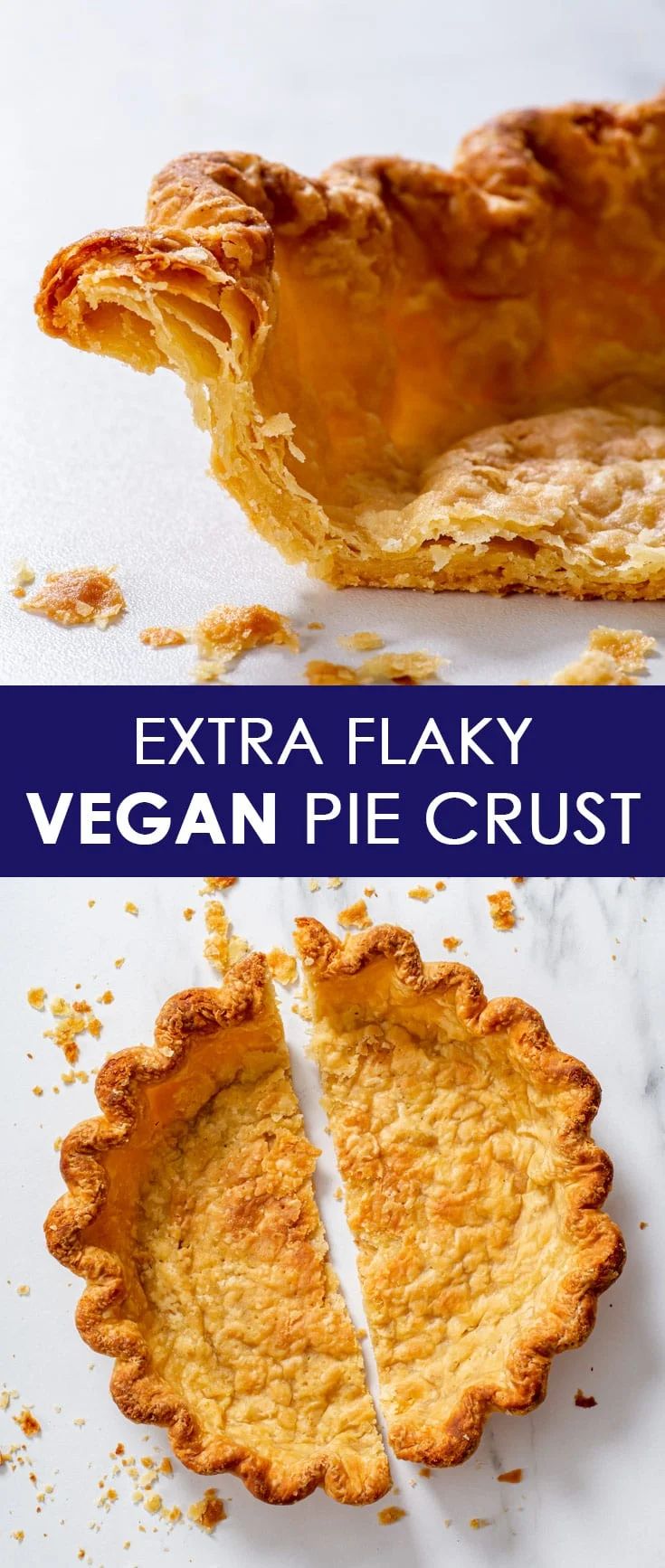 an extra flaky vegan pie crust is cut in half and ready to be eaten