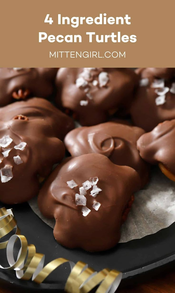 chocolate turtle cookies on a black plate with gold ribbon and text that reads, 4 ingredient pecan turtles