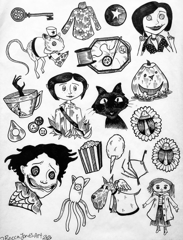 some cartoon characters are drawn in black and white