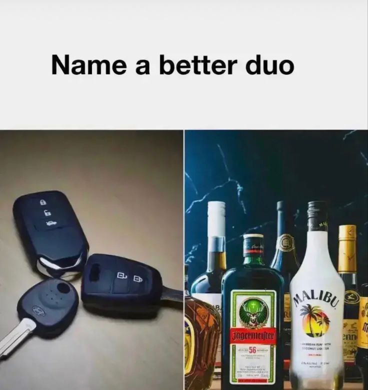 three different pictures with the same car keys and alcohol bottles in front of one another