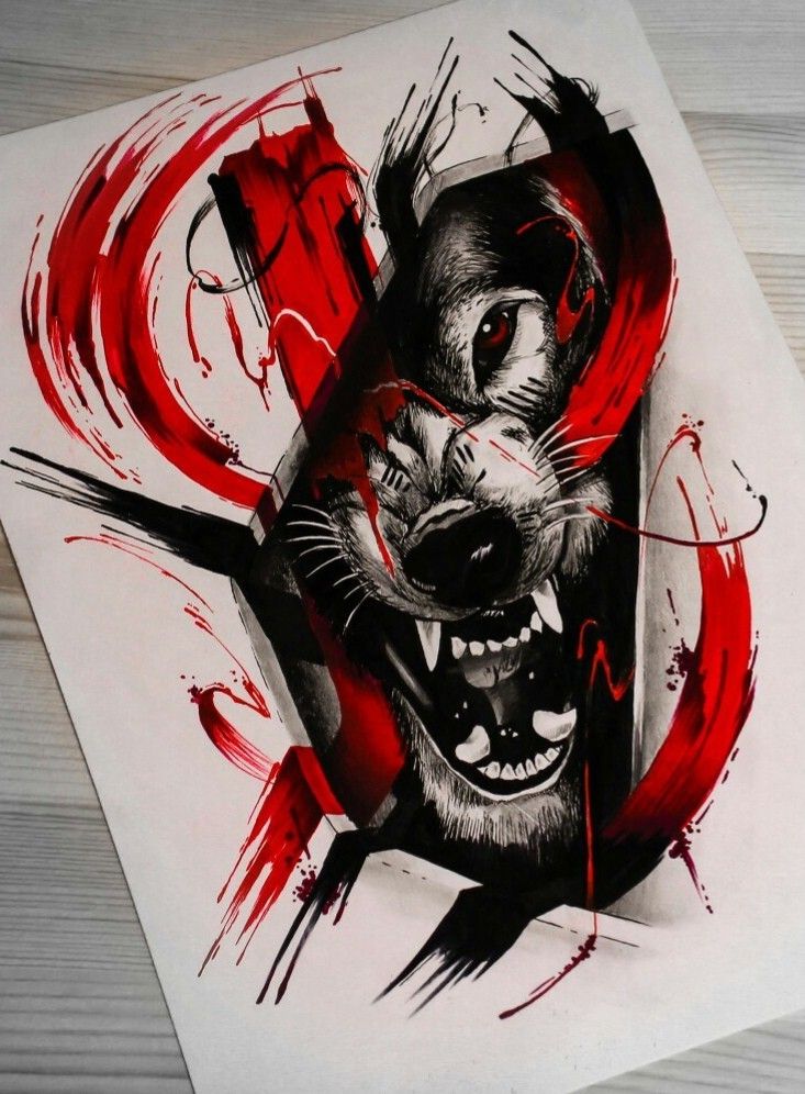 a drawing of a cat with red paint splattered on it's face