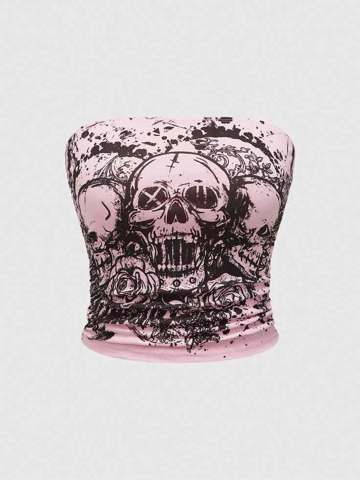 Women's Summer Fashion Pink Skull Printed Ruched Slim Fit Bandeau Top Baby Pink Casual  Sleeveless Fabric Floral,Halloween,Plants,All Over Print  Slight Stretch  Women Clothing, size features are:Bust: ,Length: ,Sleeve Length: Camo Tube Top, Goth Tube Top, Emo Tube Top, Tube Tops Y2k, Horror Movie Clothes, Tops Rosas, Pink Grunge Outfits, Scene Tops, Black And Pink Outfit