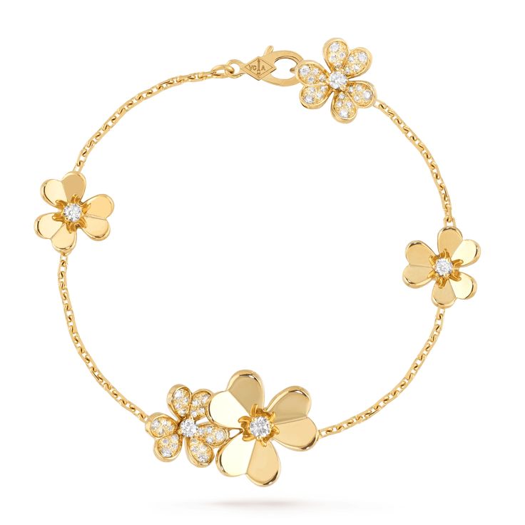 Experience the elegance of our Frivole Gold 5 Flowers Bracelet. Crafted with precision and expertise, this stunning piece features five delicate flowers in a shimmering gold finish. The perfect accessory for any occasion, this bracelet adds a touch of sophistication and luxury to any outfit. ADDITIONAL INFORMATION Color: Gold Stone: Cubic Zirconia Ref. vcaro3 Material:- 925 Sterling Silver - 18k Gold Plated- 18k Real Gold ( contact us via instagram) Circumference: 17cm Our replica products are c Gold Flower Bracelet, Van Cleef And Arpels Jewelry, Flower Dance, Van Cleef & Arpels, Van Cleef And Arpels, Bracelets Gold Diamond, Jewelry Lookbook, Van Cleef Arpels, Flower Bracelet