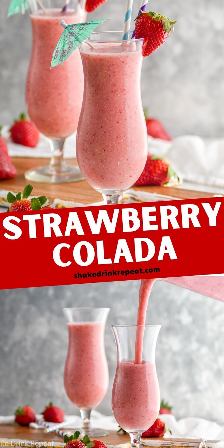 strawberry collages with strawberries in glasses on a wooden board and text overlay that reads strawberry collada