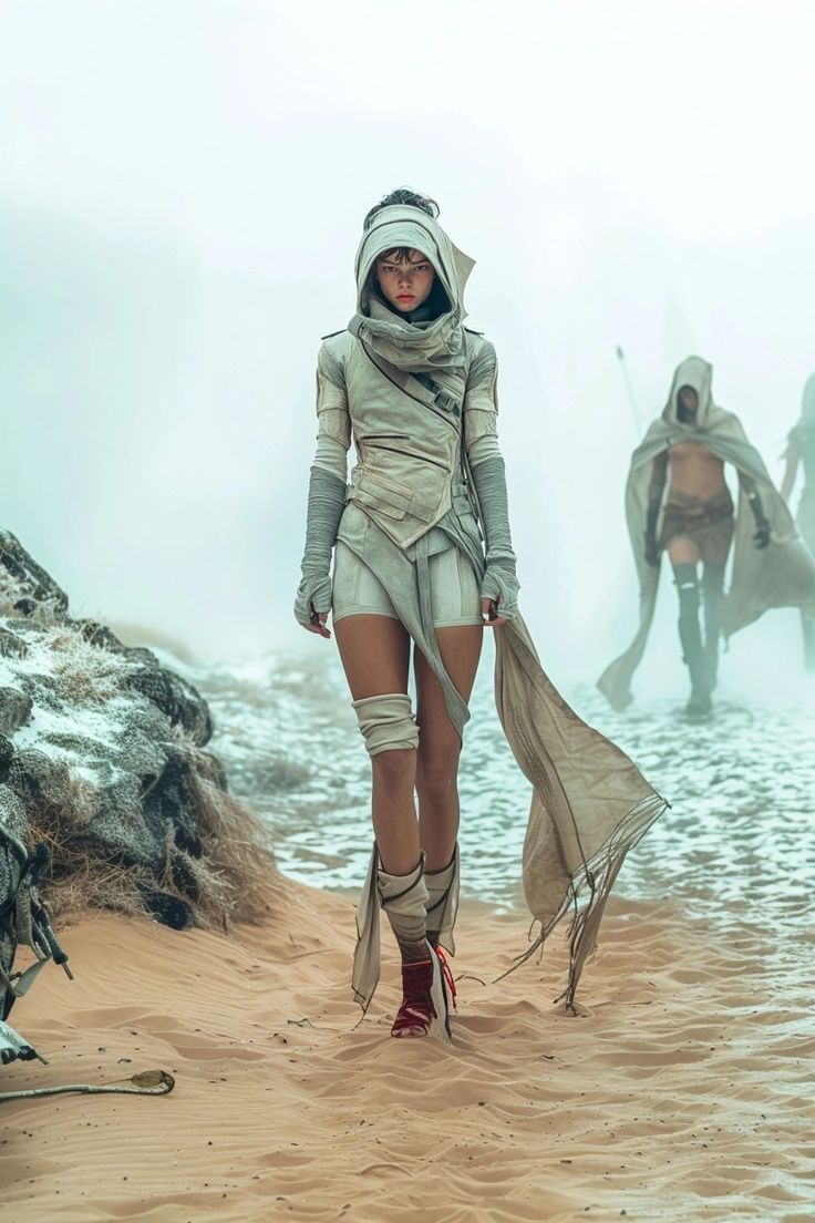 a woman is walking in the sand with two other people behind her and wearing costumes