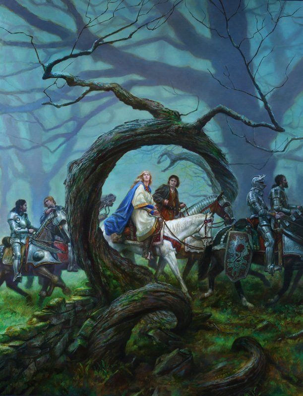 a painting of people riding horses in the woods