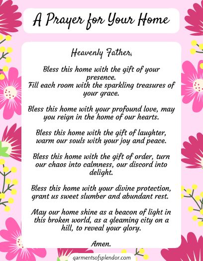 a prayer for your home with pink flowers on the border and white paper in the middle