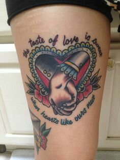 a woman's leg with a tattoo on it that says, the taste of love is always