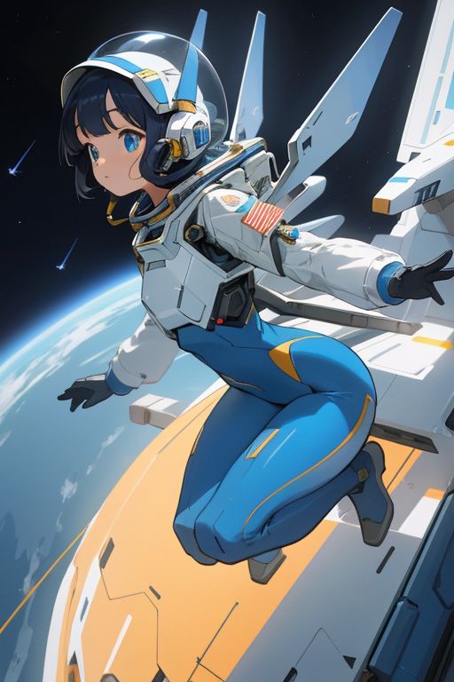 an anime character flying through the air with space shuttles in front of her and earth in the background