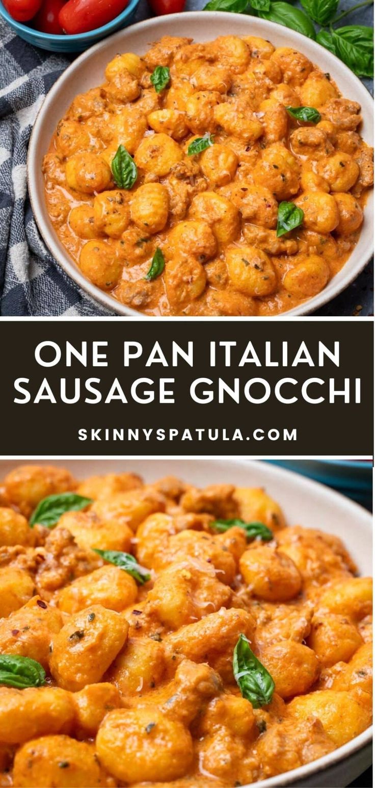 one pan italian sausage gnocchini with tomatoes and basil in the background, on a white plate