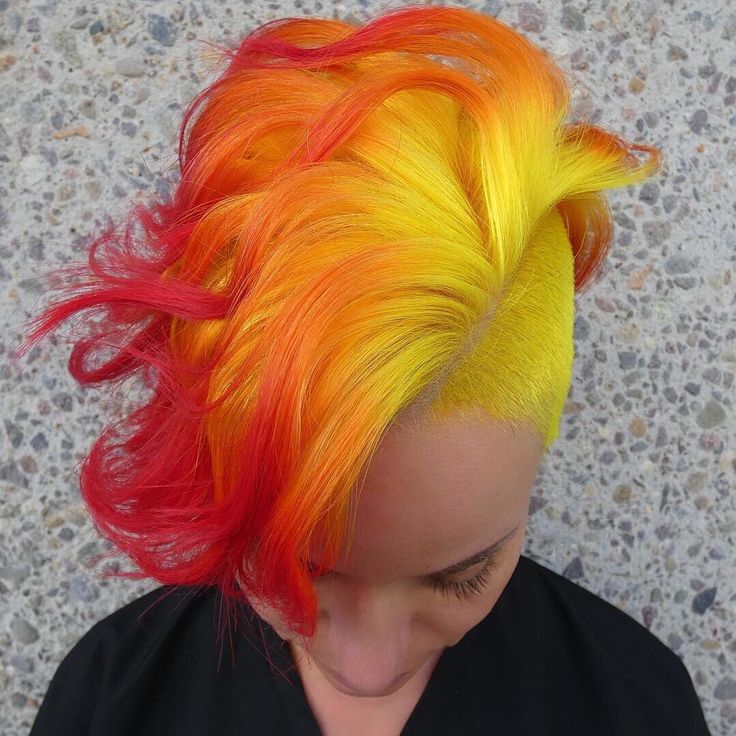 Phoenix rising from the ashes 🔥@madisonjanehair used our #ElectricBanana, #PsychedelicSunset and #PillarboxRed ‼️ - - - @tishandsnooky… Bright Hair Colors Short, Dye Hairstyles, Pixie Mohawk, Phoenix Rising From The Ashes, Flame Hair, Rising From The Ashes, Fire Hair, Vivid Hair Color, Neon Hair