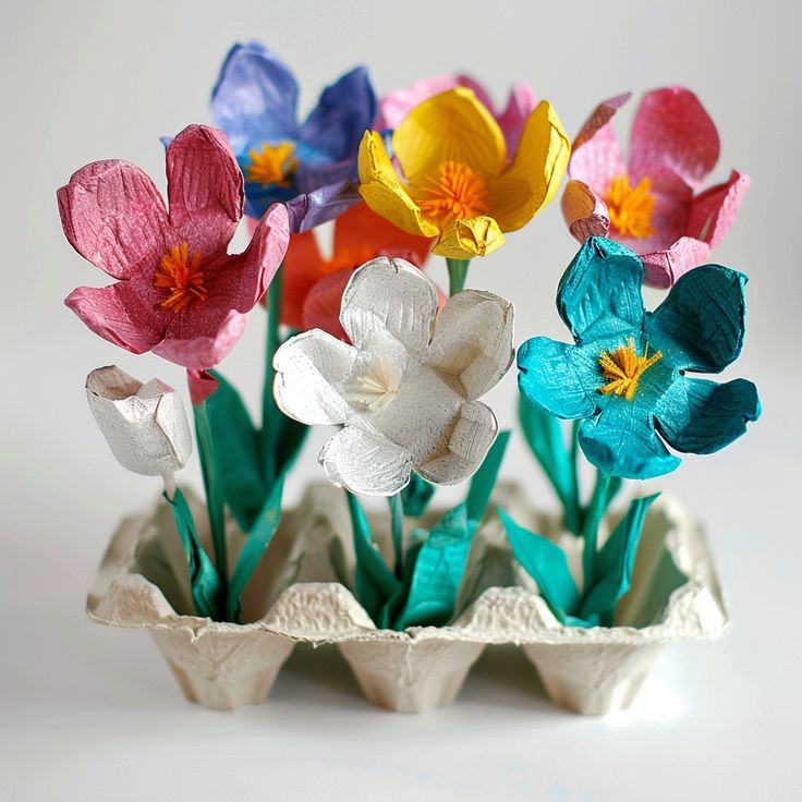 colorful paper flowers in an egg carton