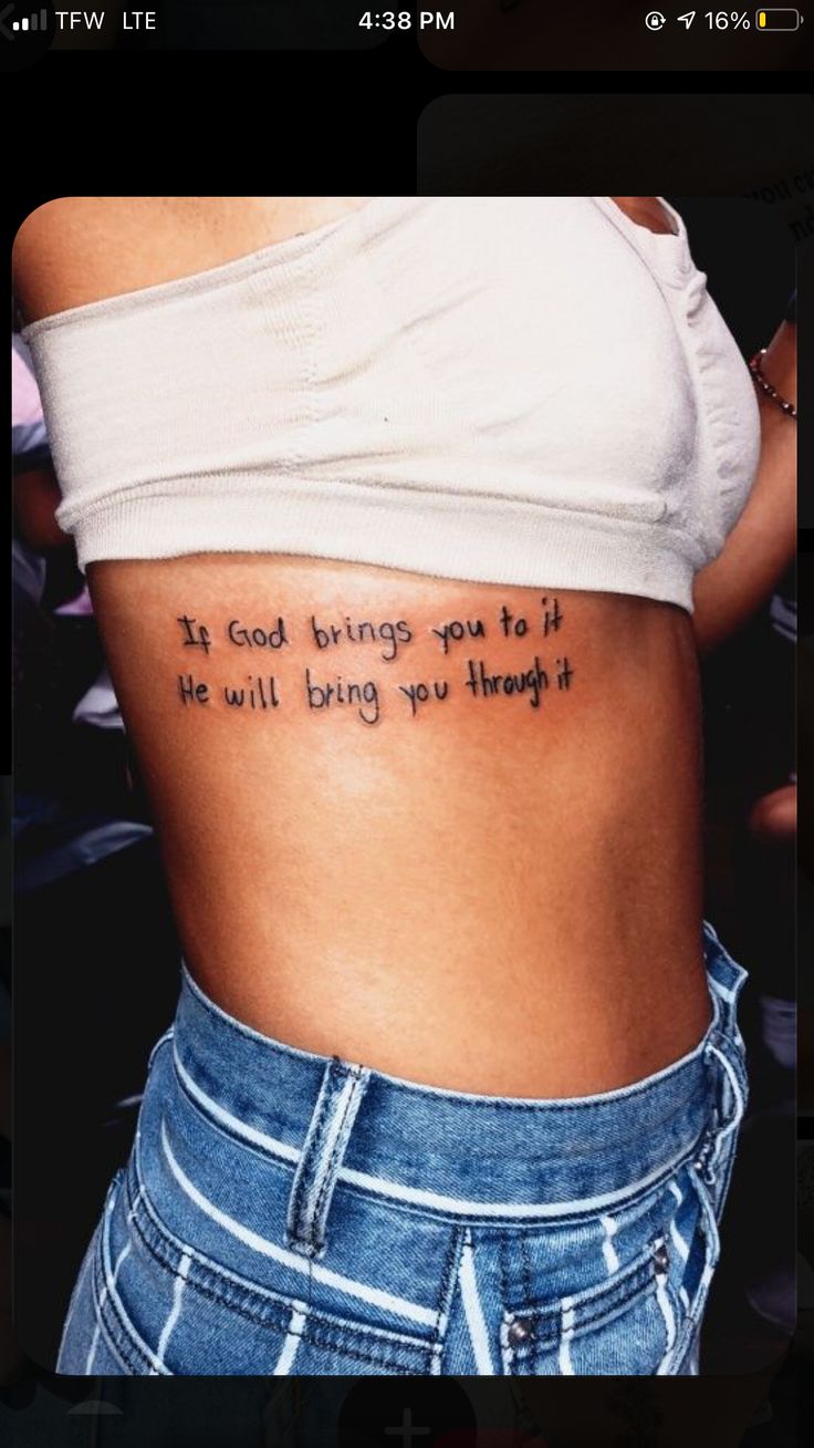 the back of a woman's stomach with an inscription on it that reads, its god brings you to if he will bring up through it