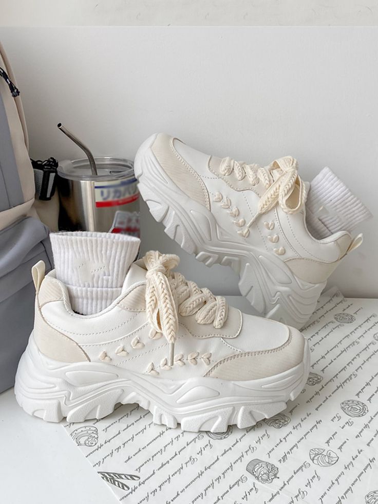 White Sporty Collar   Colorblock Chunky Sneakers Embellished   Women Shoes Chunky Shoe Aesthetic, Chunky Sports Shoes, Aesthetic Chunky Shoes, Shoes Chunky Sneakers, Chunky Shoes For Women, Aesthetic Shoes For Women, Cute Chunky Sneakers, Women Shoes 2024, Chunky Shoes Aesthetic