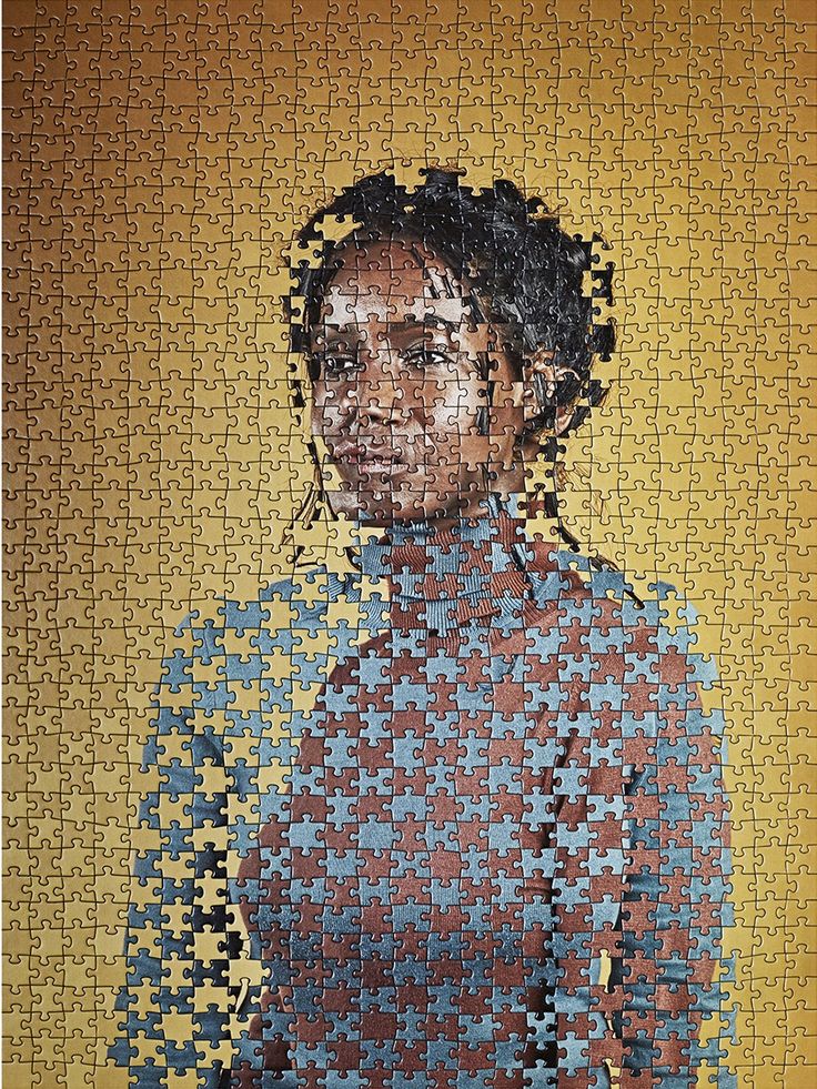 a woman made out of puzzles on a yellow background is featured in the image