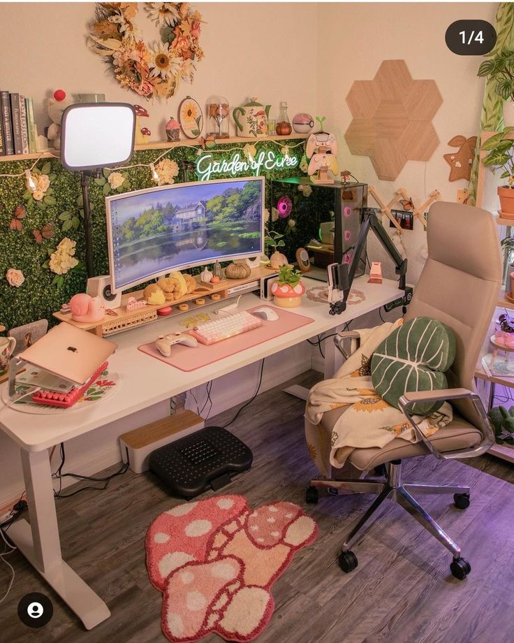 a computer desk with two monitors on top of it and a rug in front of it