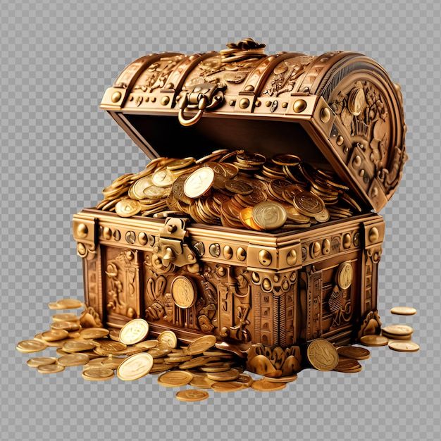 an open chest filled with gold coins on top of a pile of other golden coins