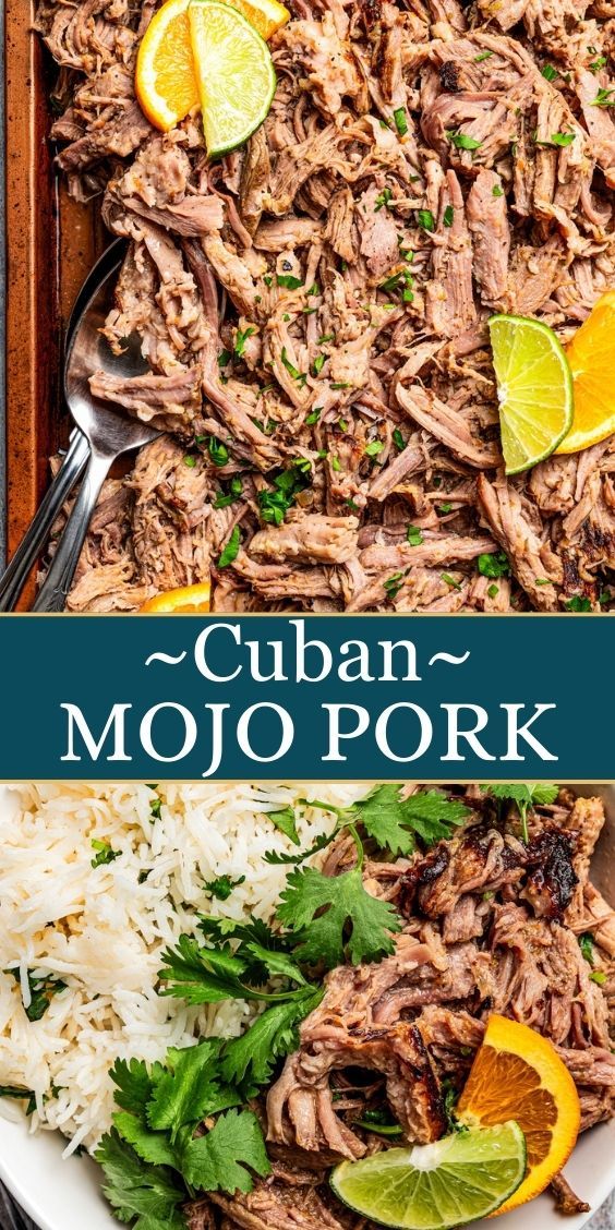 an image of cuban mojo pork on a plate with rice and cilantro