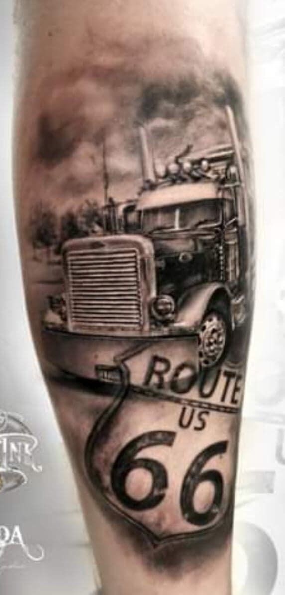 a black and white photo of a truck with route 66 on it's leg