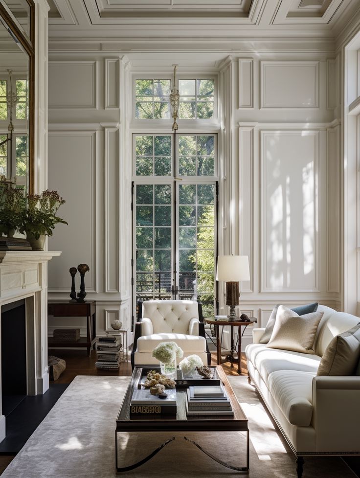 a living room filled with furniture and a fire place in front of a large window