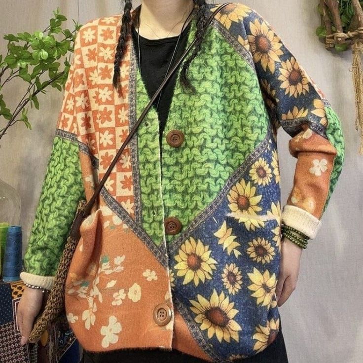 Check out our Floral Knitted Loose Cardigan! Made with a soft, warm material, this cardigan will keep you comfortable all season long. It features a V-neck design and long sleeves, making it perfect for layering over your favorite outfits. Plus, the bright colors are sure to add a touch of happiness to your wardrobe. Whether you're dressing up for a special occasion or just heading out for a casual day, this cardigan is a great choice. Spring Cotton Patchwork Cardigan, Multicolor Printed Bohemian Cardigan, Breast Sizes Chart, Bohemian Multicolor Printed Cardigan, Multicolor Floral Print Long Sleeve Cardigan, Cardigans Women, Overalls Plus Size, Loose Cardigan, Instagram Dress