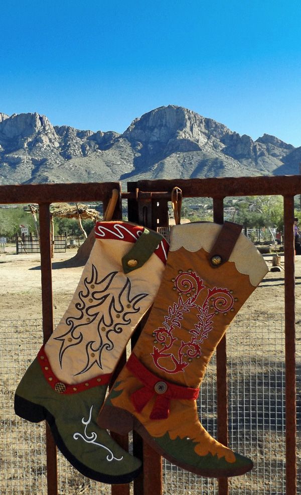 two christmas stockings hanging on a fence with mountains in the background