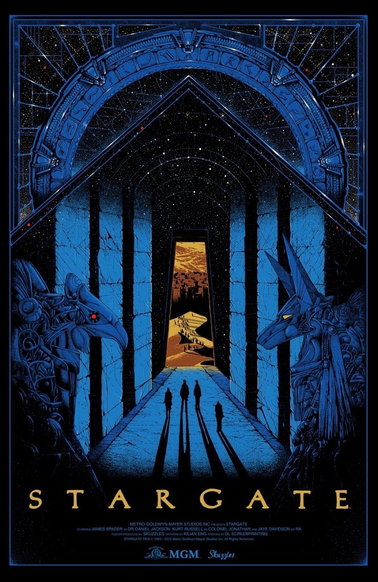 the poster for stargate showing two people standing in front of an open doorway with blue light