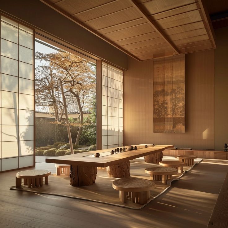 an empty room with wooden tables and benches in front of large windows that look out onto the trees