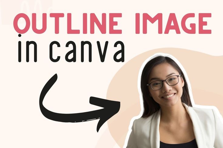 a woman with glasses and a white blazer is smiling at the camera while standing in front of a sign that says outline image in canva