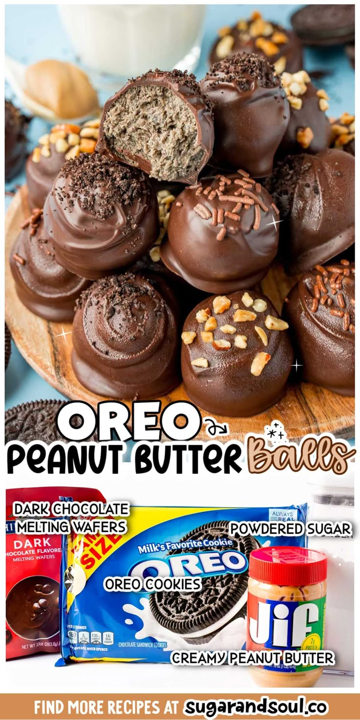 an advertisement for oreo peanut butter balls with chocolate frosting and sprinkles