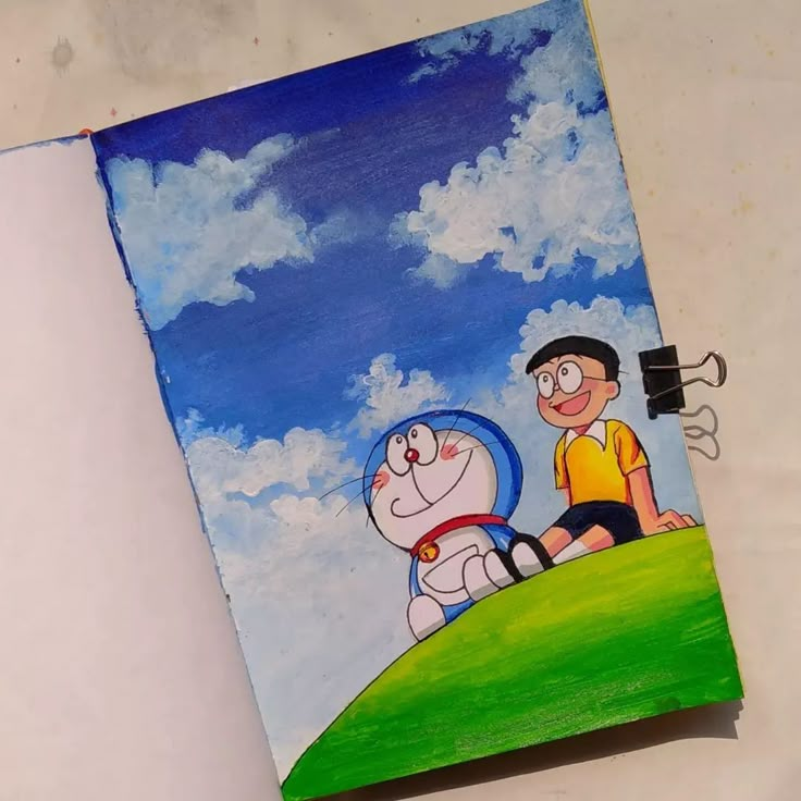 a drawing of a person sitting on top of a hill next to a cartoon character