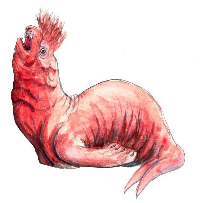 a drawing of an animal with red hair on it's head and legs, laying down