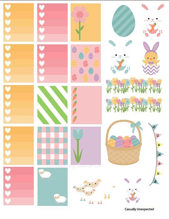 an easter themed planner sticker sheet with bunny, eggs and flowers in the background