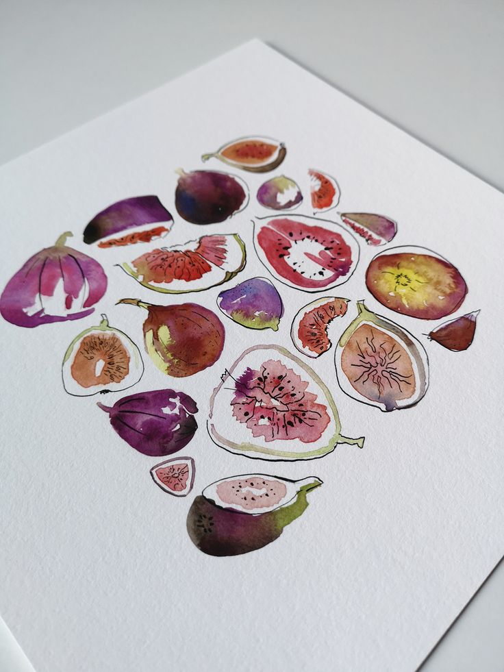 an art print with various fruits and vegetables on it's surface, including watercolors