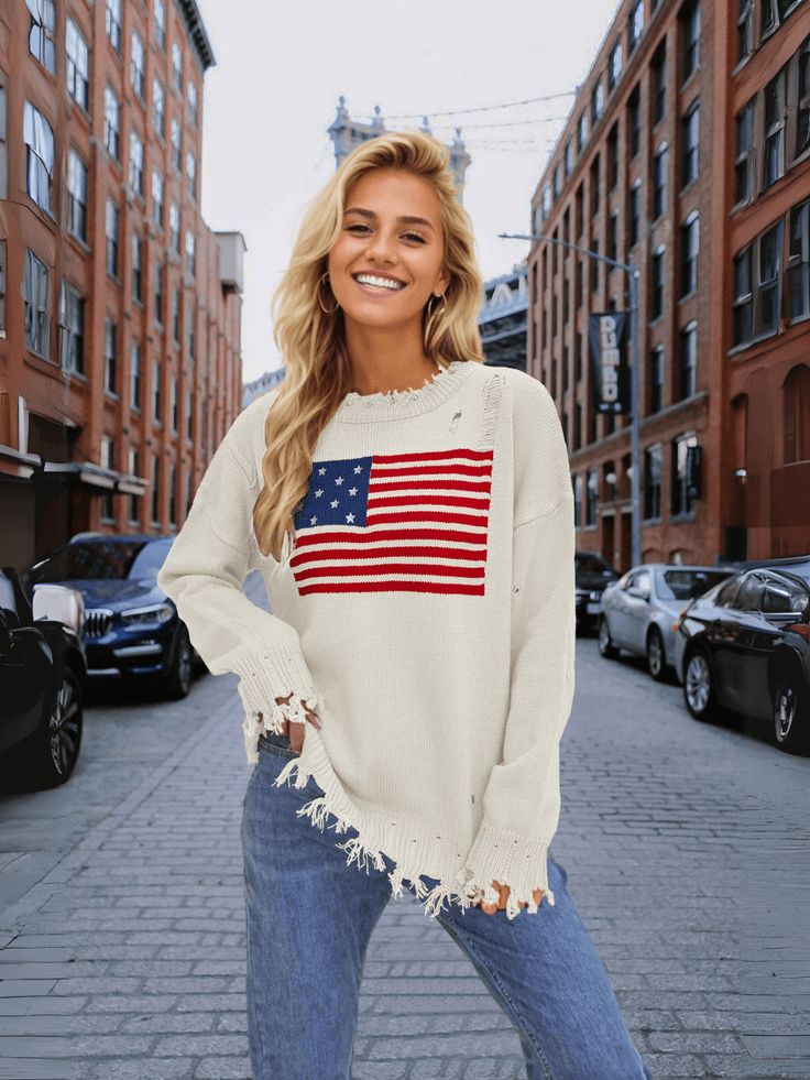 Stand out in style with our American Flag Relaxed Knit Sweater! This quirky and fun sweater features the iconic stars and stripes design, adding a playful touch to your look. Stay comfortable and show off your patriotic side with this cozy and unique sweater. Size Guide: Model is 5’7” tall, and has a 32.7” bust, 24.6”waist, & 36.2” hips. She is wearing a S / US 4 / AU 8. This sweater is true to size. Feature: Ripped crew neckline. Long sleeves. Ripped knit fabrication details. Not lined. Oversized Relaxed Fit. Material: 100% Acrylic. Care Instructions: Machine wash / Cold hand wash. Fun Sweater, Unique Sweater, Reindeer Headband, Unique Sweaters, Stars And Stripes, Daily Dress, Cool Sweaters, Trendy Accessories, Stripes Design