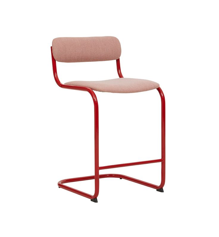 a red metal stool with a pink seat and backrest on an isolated white background