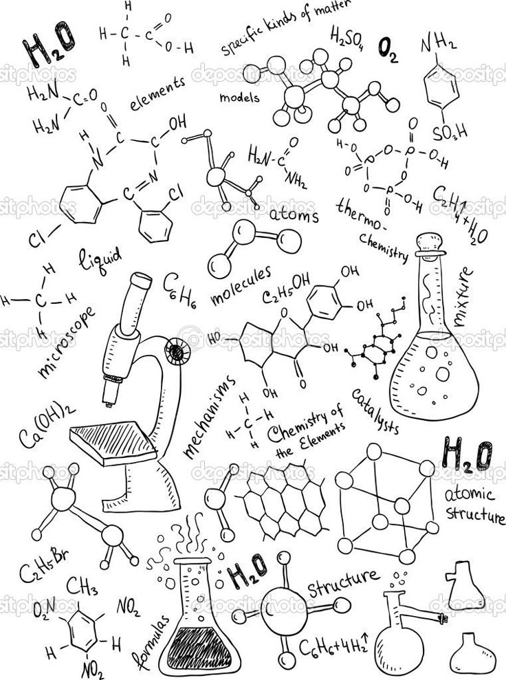 black and white drawing of science related items