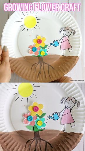 paper plate crafts for kids to make and decorate with flowers on the side, including a child's hand holding a watering can