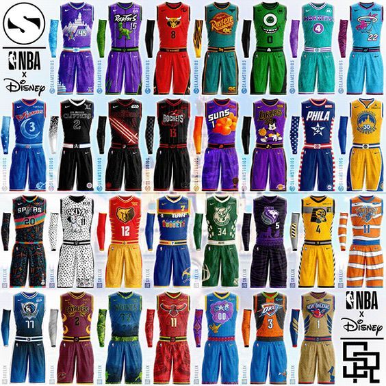 many different basketball uniforms are shown in this image, with the names and numbers on them