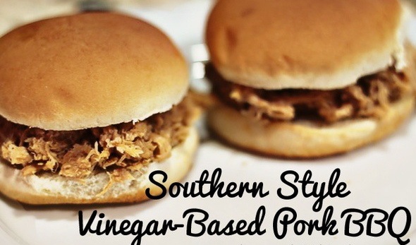 two pulled pork sandwiches on a plate with the words southern style vinegar - bread pork bbq