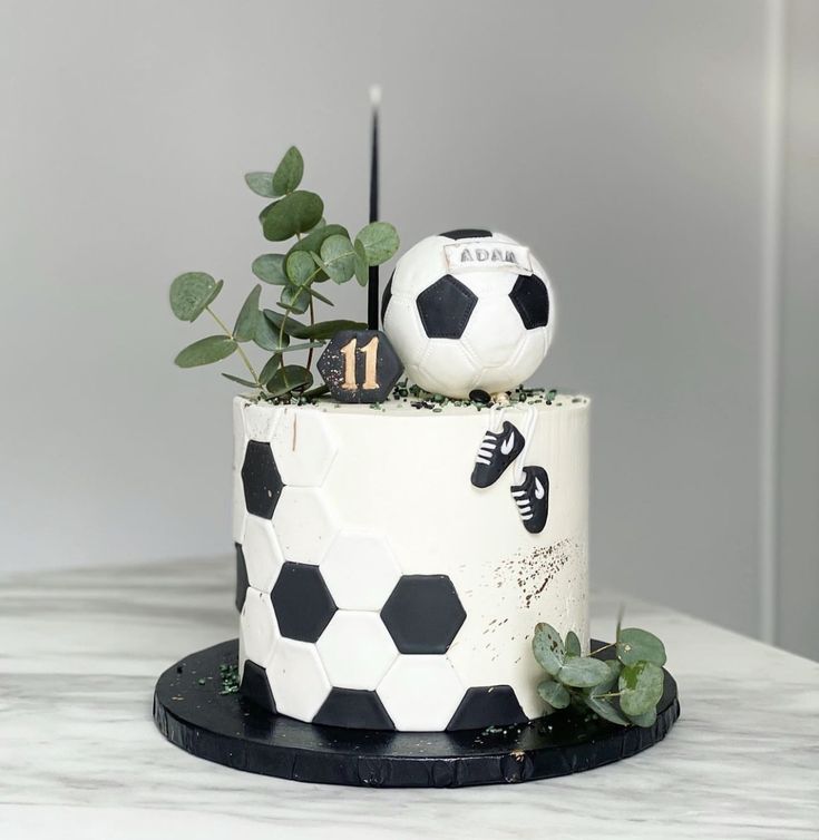 a white and black cake with soccer balls on top is sitting on a table next to a potted plant