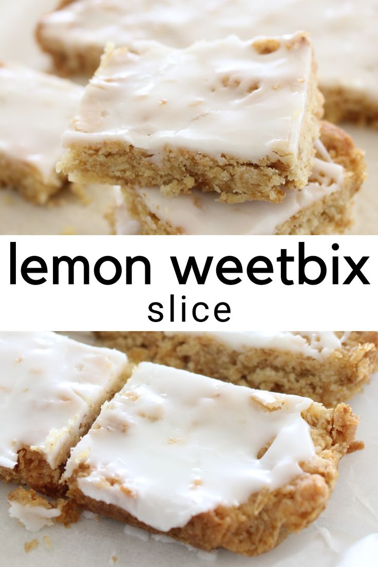 lemon weetbix slice with white icing on top and in the middle