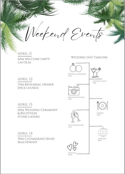 an event poster with palm leaves and the words weekend events written in black on it