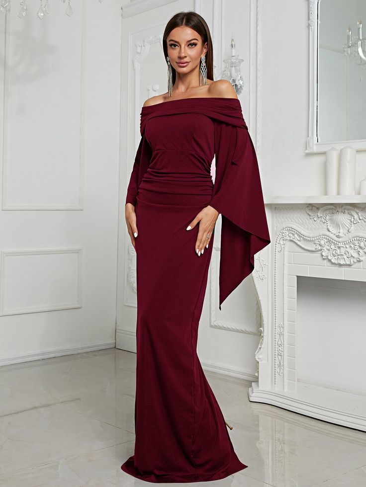 Color: BurgundyStyle: ElegantPattern Type: PlainDetails: Ruched, Draped, ZipperNeckline: Off the ShoulderType: BodyconSleeve Length: Long SleeveSleeve Type: Flare SleeveWaist Line: High WaistHem Shaped: MermaidLength: MaxiFit Type: Regular FitFabric: Slight StretchMaterial: FabricComposition: 95% Polyester, 5% ElastaneCare Instructions: Hand wash,do not dry cleanSheer: No Formal Sheath Maxi Dress With Ruched Detail, Ruched Long Sleeve Dresses For Banquet, Ruched Maxi Evening Dress For Dinner, Long Sleeve Ruched Dresses For Banquet, Fitted Long Sleeve Ruched Evening Dress, Off-shoulder Ruched Dinner Dress, Long Sleeve Ruched Evening Dress, Fitted Draped Maxi Dress For Fall, Formal Ruched Draped Maxi Dress