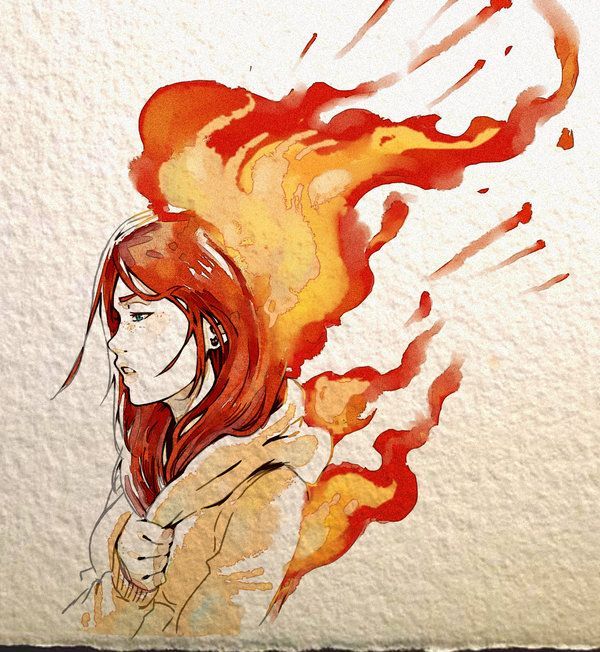 a drawing of a woman with fire coming out of her head and hair blowing in the wind