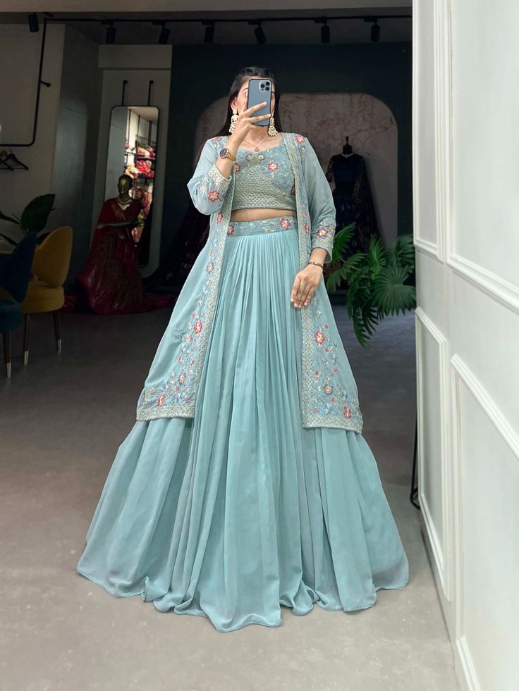 Stylish Lehenga Designs, Sky Blue Lehenga, Plain Lehenga, Zip Stitching, Western Lehenga, Chaniya Choli Designs, Embroidery Work Blouse, Red Lehenga Choli, Simple Lehenga